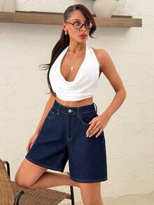 SHEIN Casual, Raw Wash, Vintage Indigo, Classic Navy, Mid Rise, Cotton, Rigid Denim, Bermuda Shorts - Dark Wash - View 3