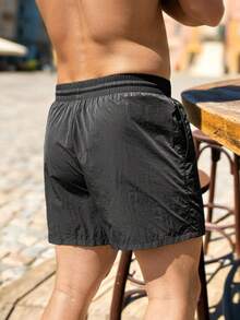 Manfinity Swimmode Men's Solid Color Slant Pocket Drawstring Elastic Waist Casual Beach Shorts,Red,Summer,Beaded,Holiday Swimming Board Shorts Vacation Wear - Grey - View 2