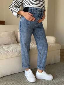 SHEIN Maternity Solid Color Casual Jeans Light Blue Summer - Medium Wash - View 3