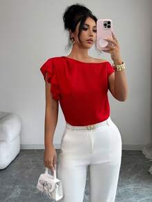 SHEIN Raffinéa Asymmetric Cold Shoulder Top/Ruffle Trim + Cold Shoulder, Fashionable, Elegant, Sexy Blouse - Red - View 6