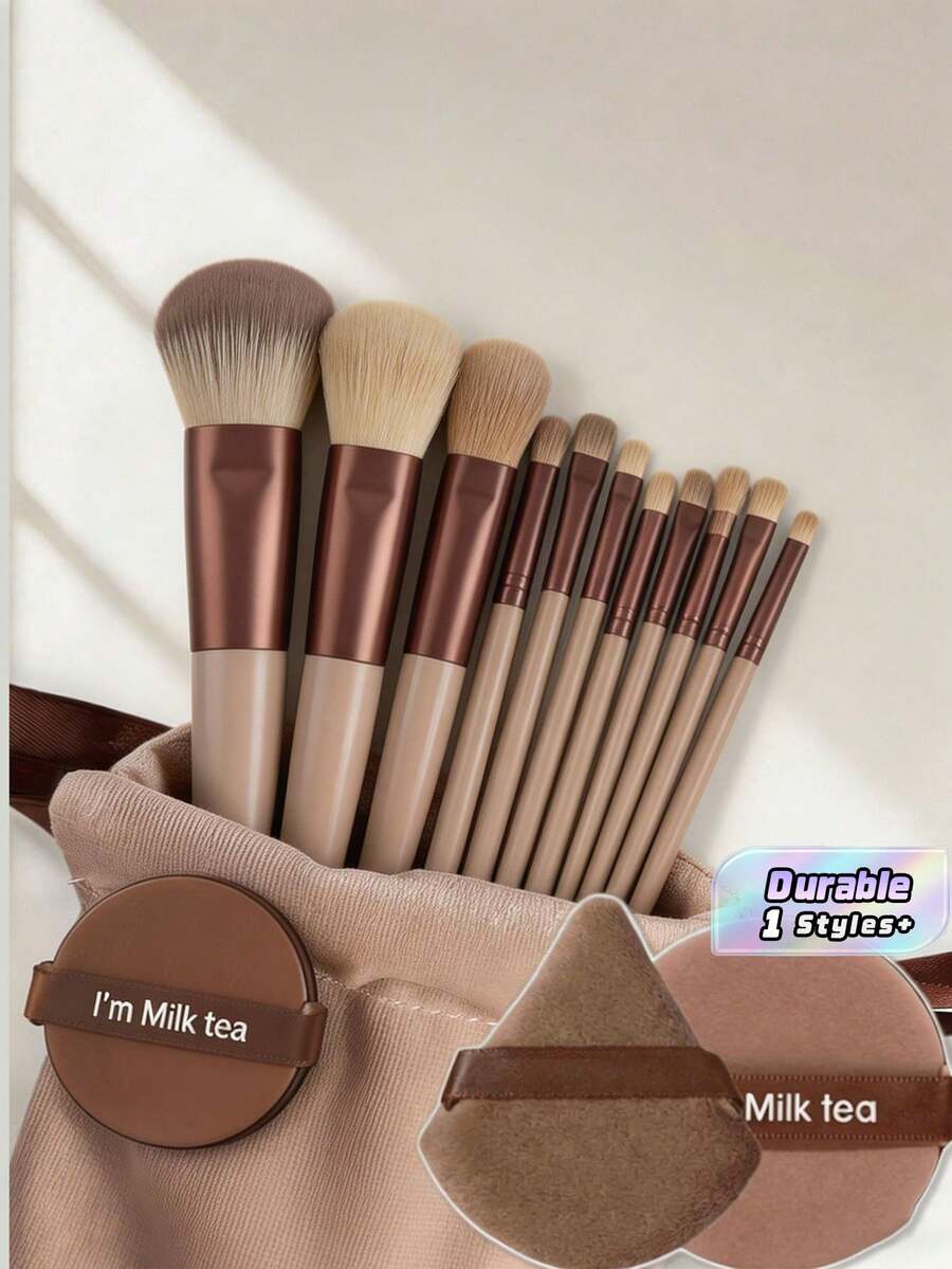 13 piezas Pinceles de maquillaje profesionales con 2 esponjas marrones, pinceles multifuncionales suaves para base, contorno, rubor, sombra de ojos y corrector, regalo de belleza ideal para mujeres - Multicolor - Ver 1