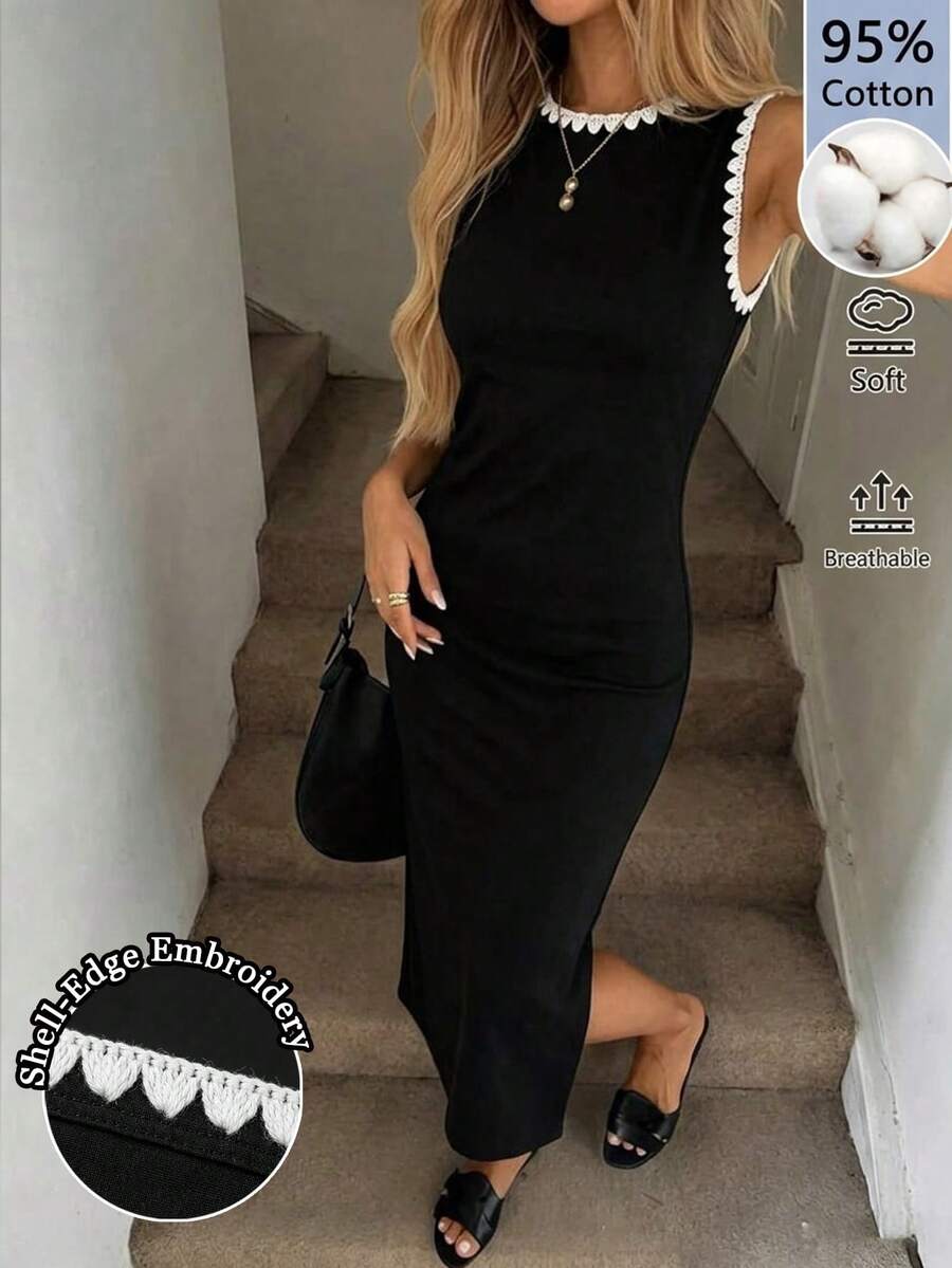 SHEIN LUNE Đầm nữ dáng ôm, xẻ tà bên, dài ngang gối, chất liệu 95% cotton, viền thêu họa tiết vỏ sò màu đen - Thích hợp cho kỳ nghỉ hè, công sở, thể thao và hoạt động ngoài trời, phong cách thanh lịch thường ngày, mặc ở nhà và nghỉ dưỡng, trang phục công sở sang trọng, đầm đi biển. - màu đen - Xem 1