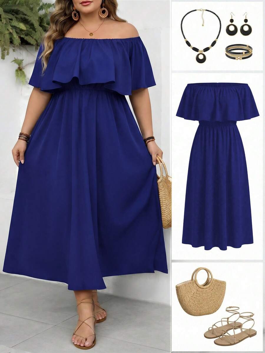 SHEIN CURVE+ 大尺碼 US22 皇家藍露肩寬鬆 A 字洋裝,波希米亞休閒優雅風,適合度假、海邊婚禮賓客晚宴,時尚夏季度假穿搭 - 寶藍色 - 查看 1
