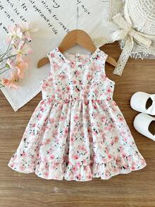 SHEIN Đầm cho bé gái 3 tháng-3 tuổi, 1 chiếc, kiểu dáng thường ngày dễ thương, trang phục mùa thu cho bé gái, đầm không tay phồng màu nâu có nơ trang trí. - Hồng - Xem 3