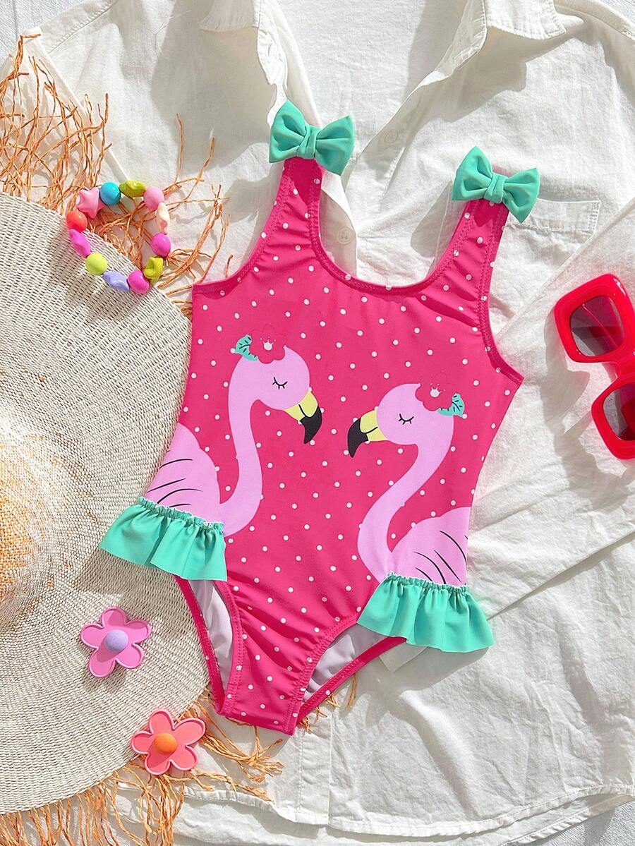 Young Girl' Cute Flamingo Print One-Piece Swimsuit, Bow Decor, Ruffle Trim, Suitable For Beach, Vacation, Summer - Multicolor - View 1