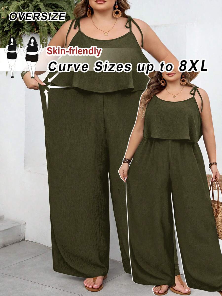 SHEIN CURVE+ Curve 尺码 US22 音乐节、海滨度假、波西米亚风女士休闲度假纹理纯色连体裤 - 軍綠色 - 查看 1