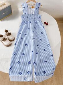 SHEIN Genkimix Kids Bộ áo liền quần dáng ôm vừa vặn kiểu vintage cho bé gái tuổi teen, có nơ và họa tiết sọc khắp thân áo, thích hợp cho các hoạt động ngoài trời mùa hè và đi học. - Nhiều màu - Xem 2