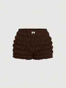 SHEIN MOD Plus Size Tomato Girl Cute Bow Decor Ruffle Trim Mini Shorts - Brown - View 1