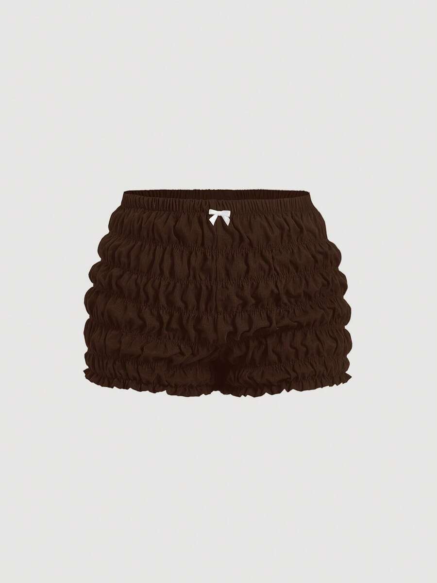 SHEIN MOD Plus Size Tomato Girl Cute Bow Decor Ruffle Trim Mini Shorts - Brown - View 1