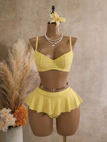 Bellisia Bộ đồ bơi tankini 2 mảnh mùa hè dành cho nữ, họa tiết kẻ caro, có gọng, màu be. - Màu vàng - Xem 1