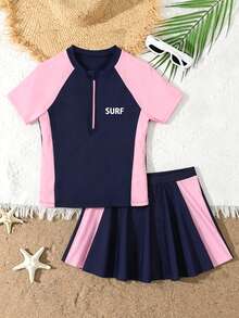 Bộ đồ bơi 2 món cho bé gái, thiết kế chắp vá màu hồng và xanh nhạt, váy và quần short, vải nhẹ và mềm, họa tiết chuyển màu chất lượng cao, đồ bơi gia đình đồng bộ, phong cách cổ điển thiên niên kỷ, thể thao và thời trang - Nhiều màu - Xem 4