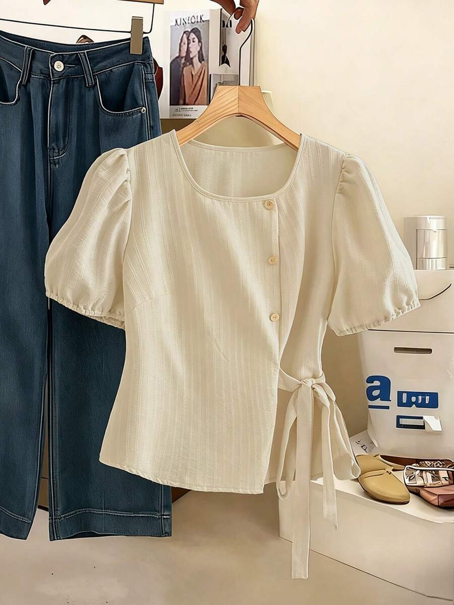 GlowEve CURVE Plus Size Striped Jacquard Linen-Like Short Sleeve Square Collar Casual Blouse For Women, Spring/Summer - Apricot - View 1