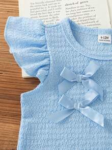SHEIN 2pcs/Baby Girls Cute Summer Set Light Blue Flutter Sleeve Round-Neck Top & Bow Jeans Family Matching Outing Outfit - Baby Blue - View 3