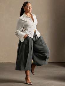 Vixey Elastic Waistband Panel Detail Culotte Office Pants - Dark Grey - View 2