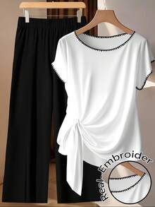 EMERY ROSE Casual Minimalist Seashell Printed Plus Size Women's Vacation Pants Set, Black & White 2-Piece Outfit, Suitable For Summer - Multicolor - View 1