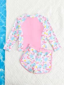 Bộ đồ bơi tankini dài tay in hình chim hồng hạc hoạt hình cho bé gái, đồ trẻ em - Nhiều màu - Xem 2