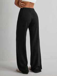 Women's Casual Solid Color Wide Leg Pants - Black - View 4