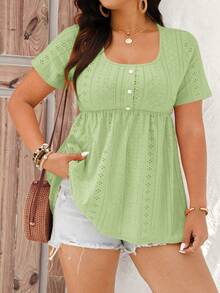 EMERY ROSE Camiseta casual de talla grande para mujer con cuello cuadrado, manga corta y diseño de botones para vacaciones - Verde - Ver 1