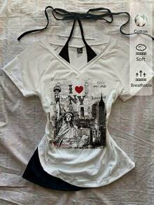 Camiseta gráfica de gato negro minimalista y casual, camiseta de manga corta con bloques de color retro para mujer, adecuada para el verano - Blanco - Ver 8