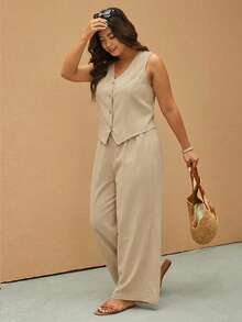 SHEIN Elaquor Bộ vest và quần dài màu mơ trơn dành cho nữ cỡ lớn, trang phục công sở mùa hè, bộ 2 món, phong cách cổ điển sang trọng. - Màu be - Xem 4