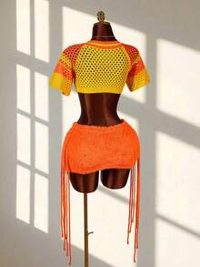 Amplova Women's Fashion Sexy Cropped Sweater Top & Mini Skirt 2 Pieces Set - Orange - View 10