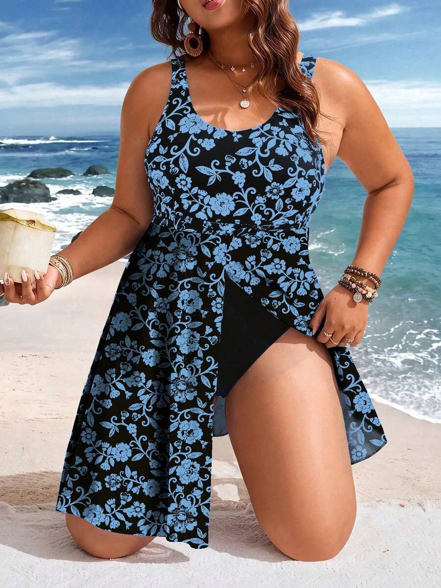 Swim Lushoire 大码女式印花撞色网纱连体泳衣 - 藍色 - 查看 1