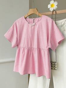 SHEIN EZwear 女士休闲条纹梭织衬衫，夏季 - 橘色 - 查看 4