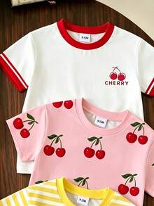 6pcs/Set Baby Girls' Cute Summer Vacation Outfit,Floral,Leopard Bow,Letter Print T-Shirt & Shorts,Blue And White Stripe,Short Sleeve Round Neck Set - Multicolor - View 4