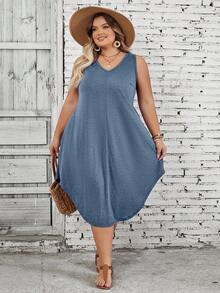 SHEIN CURVE+ Plus Size Women's Solid Color Curved Hem Vest Dress - Dusty Blue - View 5