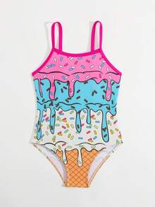 Young Girl Cute Ice Cream Print Sleeveless One Piece Swimsuit, Cute Fluid Beachwear - Pink - View 5