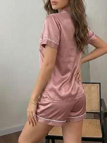 Short-Sleeved Top Pajama Bag With Pants, Lettering And Solidly Striped Dobby Fabric Embroidery In Red, Spring/Summer Bridal Lingerie - Pink - View 2