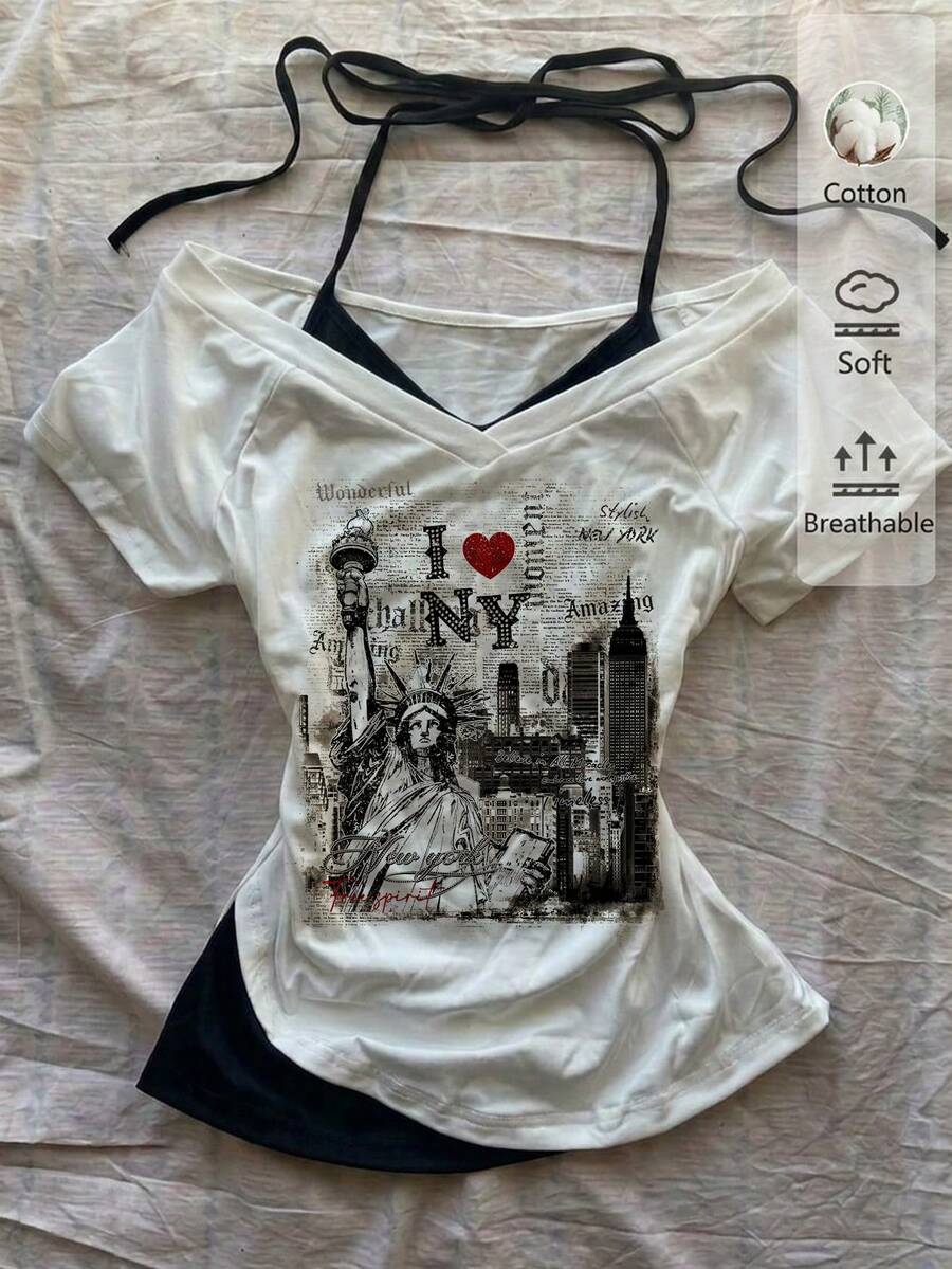 Attitoon Women's Casual Retro I Love NY Graphic T-Shirt,Black And White Summer Street Wear Y2k City Break V-Neck Halter Tie-Up Contrast Color Short Sleeve Top - White - View 1