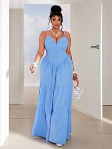 Maweii Mono de tiras de espagueti con escote en V sexy para talla grande, ideal para vacaciones en la playa - Azul - Ver 6