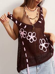 Bohemela Women's Vintage Hollow Rope Embroidery Tie Knit Top - Green - View 2