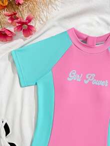 Maiô de Manga Raglan com Zíper nas Costas e Recortes Coloridos para Meninas Pré-Adolescentes, Adequado para Surfe, Esportes, Verão, Praia, Piscina, Férias - Multicolorido - Visão 4