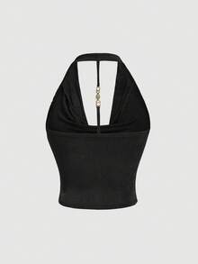 SHEIN MOD 大尺碼女款黑色夏季優雅夜店風上衣，垂領掛脖露背金屬裝飾扣設計，適合郵輪晚餐、生日、返校舞會 - 黑色 - 查看 2