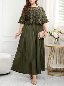 Reflora Mono ancho de pierna plisada con parches, bordados y malla elegante para mujer de talla grande, para verano - Verde - Ver 4
