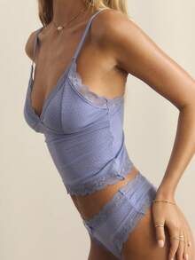 Aralina Soft Lace Trim Lounge Camisole Cute Summer Tops Women Sleepwear Matching Pajama Set - Blue - View 5