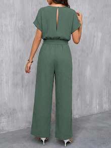 SHEIN Clasi Bộ jumpsuit dài nữ màu xanh dương thanh lịch, cổ tròn, hai lớp vải cotton nhăn, thắt eo, thích hợp cho kỳ nghỉ hè, hẹn hò, đi làm và du lịch. - Màu xanh Ô liu - Xem 2
