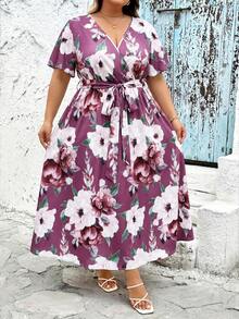 SHEIN CURVE+ Đầm dáng rộng, họa tiết hoa lớn, kiểu retro, có dây rút, phù hợp cho mùa xuân/hè, dáng đầy đặn, đi nghỉ mát, đầm xòe, đầm chống nắng cho nữ, trang phục đi biển cho nữ/đầm đi biển/trang phục đi biển/đồ cần thiết đi biển/đầm tốt nghiệp/đầm dự tiệc trà, trang phục mùa hè/đồng quê/đi biển/trang phục đi biển/đồ mặc đi biển - Màu Tím - Xem 3