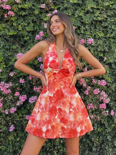 KARISMINA Women's Casual Floral Print Backless Halter Mini Dress For Vacation,Vacation,Vacation Style,Women's Floral Print Halter Neck Keyhole A-Line Mini Dress For Summer Vacation & Beach,For Beach Vacation,Summer Vacation Beach Casual Sundress, Sleeveless Flowy Mini Dress For Party & Vacation, Chic Clothes For Women,Floral Print,Sleeveless A-Line Flowy Mini Dress,Summer Vacation SundressParty & Night Out Wear,Boho/Chic Style