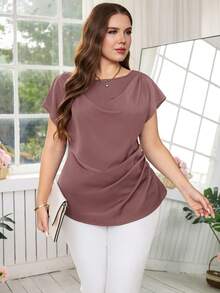 Reflora Camisa de uso diario versátil y casual con pliegues de unicolor para mujer de talla grande - Rosa vieja - Ver 7
