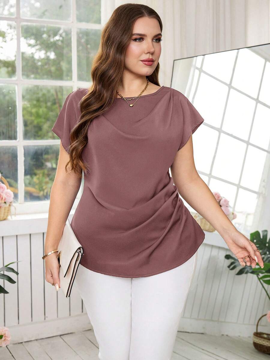 Reflora Plus Size Women Solid Color Pleated Casual Versatile Daily Wear Shirt Fall - Dusty Pink - View 1