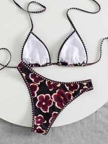 Swim Mod Women's Summer Beach Music Festival Lemon Print Halter Backless Thong Bikini Set - Multicolor - View 2