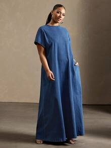 Vixey Đầm maxi denim tay bồng vai rớt cổ chữ V khoét sâu phía sau - Rửa tối - Xem 4