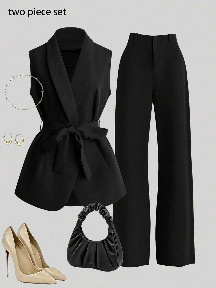Franclia Fashionable Women's Regular Sleeveless Vest Jacket And Pants Brown Suit, Suitable For Office Wear - Black - View 1