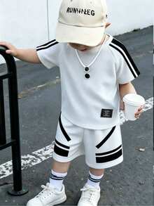 Genkimix Kids Bộ áo thun dài tay raglan cổ tròn kẻ sọc dáng rộng thoải mái cho bé trai, thích hợp mặc mùa hè. - trắng - Xem 1