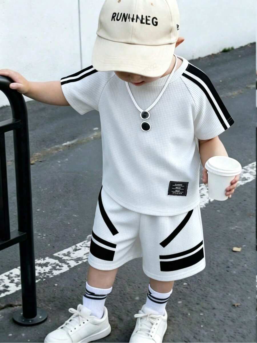Genkimix Kids Bộ áo thun dài tay raglan cổ tròn kẻ sọc dáng rộng thoải mái cho bé trai, thích hợp mặc mùa hè. - trắng - Xem 1