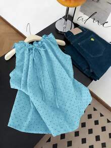 GlowEve Vacation Style Blue Polka Dot Tie Strap Sleeveless Shirt Date Birthday Summer Cute - Blue - View 1