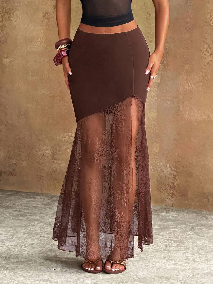 Women's Lace Patchwork Versatile Date Night & Outing Mini Skirt - Coffee Brown - View 1